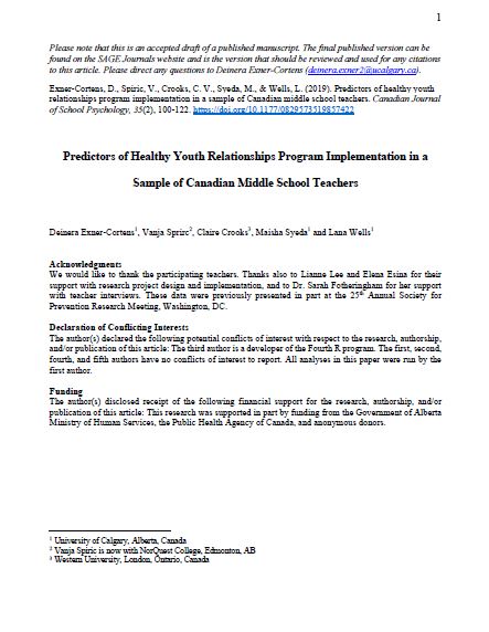Predictors of Healthy Youth Relationships Program Implementation in a Sample of Canadian Middle School Teachers