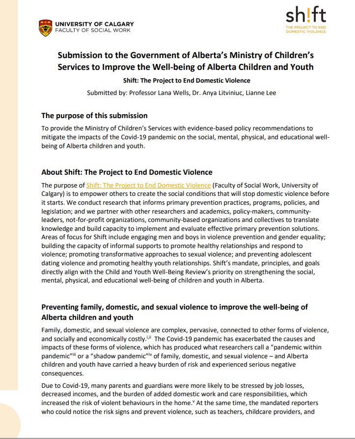 Submission to the Government of Alberta’s Ministry of Children’s  Services to Improve the Well-being of Alberta Children and Youth