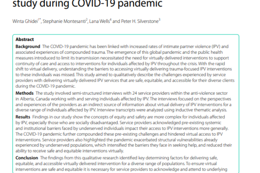Perspectives on delivering safe and equitable trauma-focused intimate partner violence interventions via virtual means: A qualitative study during COVID-19 pandemic